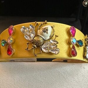 Mustard, Gold Embellished Bee Headband with Bejeweled Crystal Accents